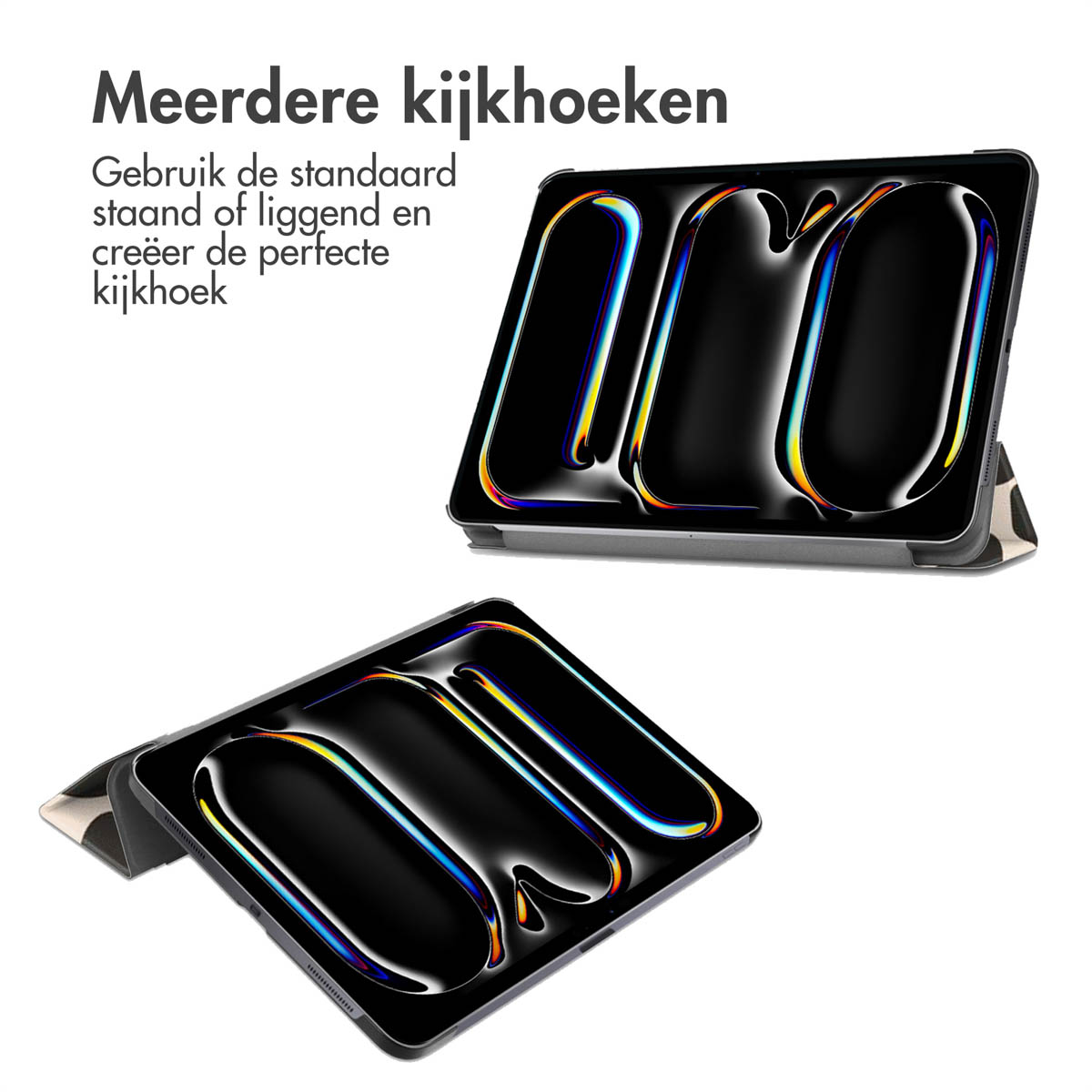 Tablets in cases, showing different viewing angles. Black cases with colorful screen displays.