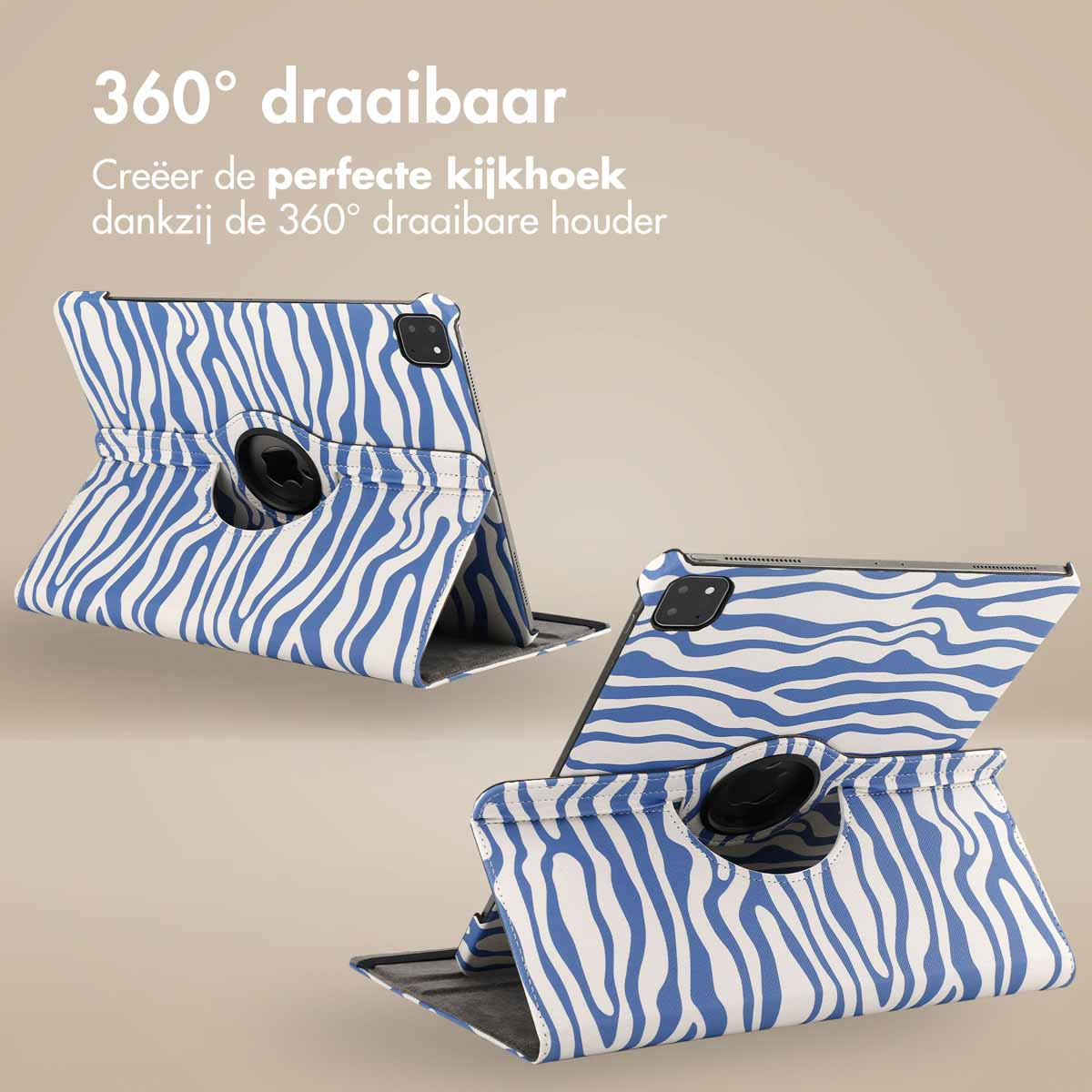 Tablet in a blue and white zebra print case. The case can rotate.