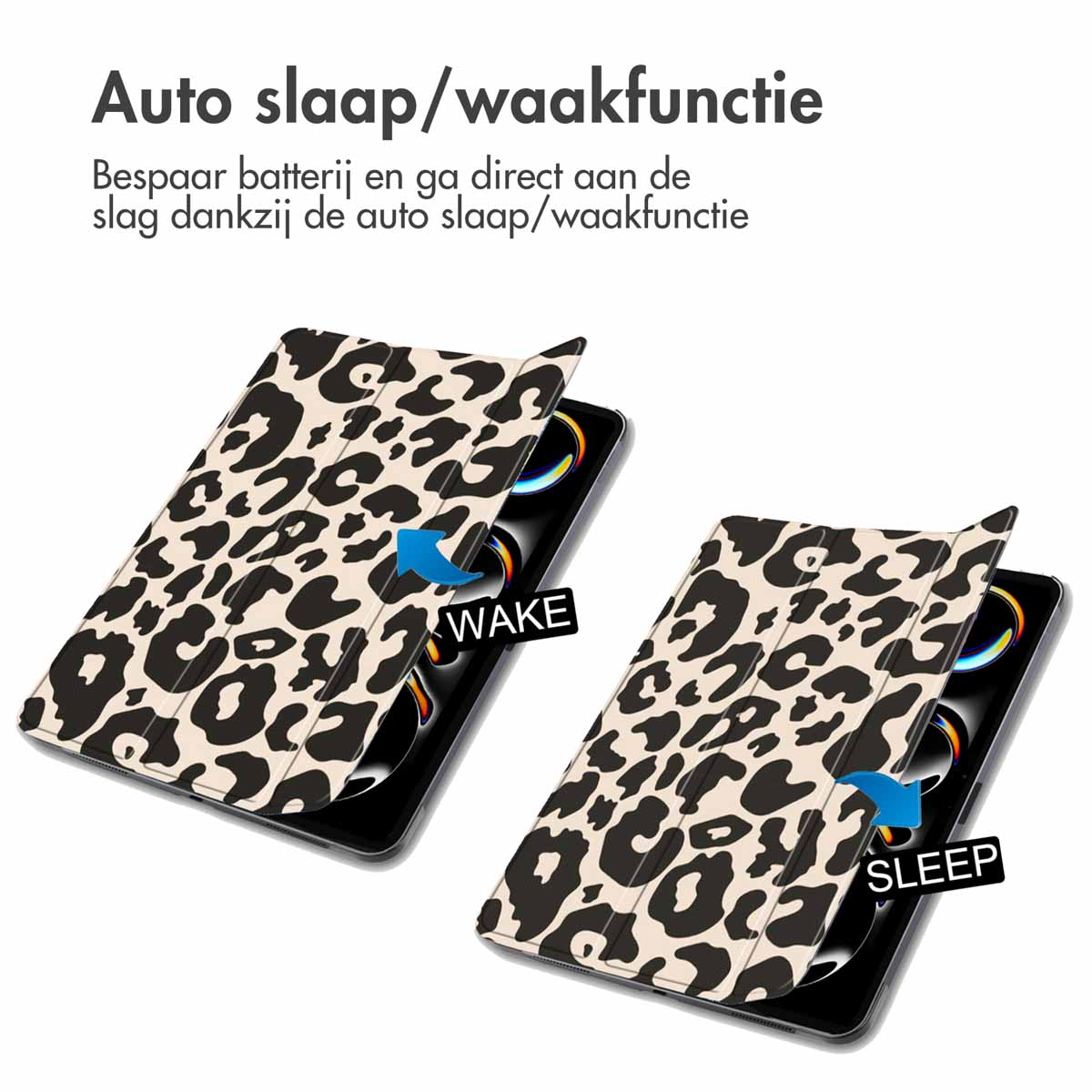 Tablet case with leopard print. Has auto sleep/wake function. Cover opens to reveal tablet.