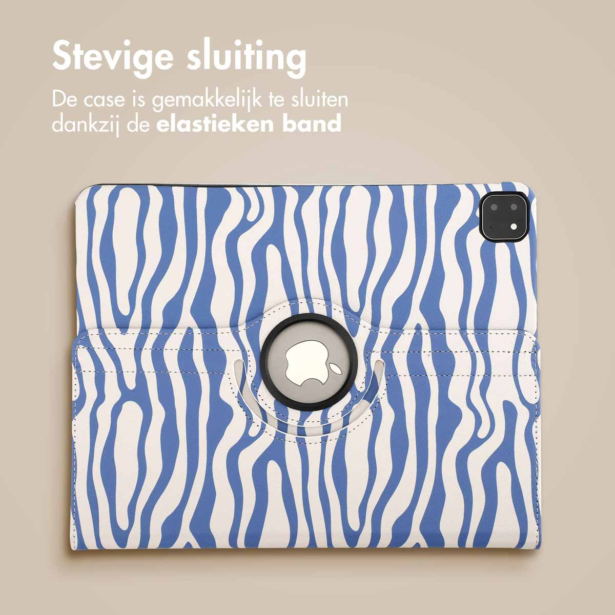 A blue and white zebra-patterned tablet case, open. The Apple logo is visible.