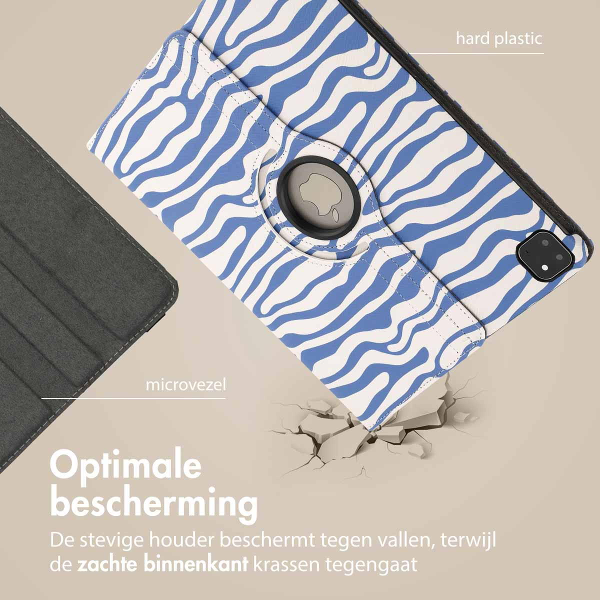 Tablet case open, zebra print, hard plastic, microfiber. Text: optimal protection. White background.