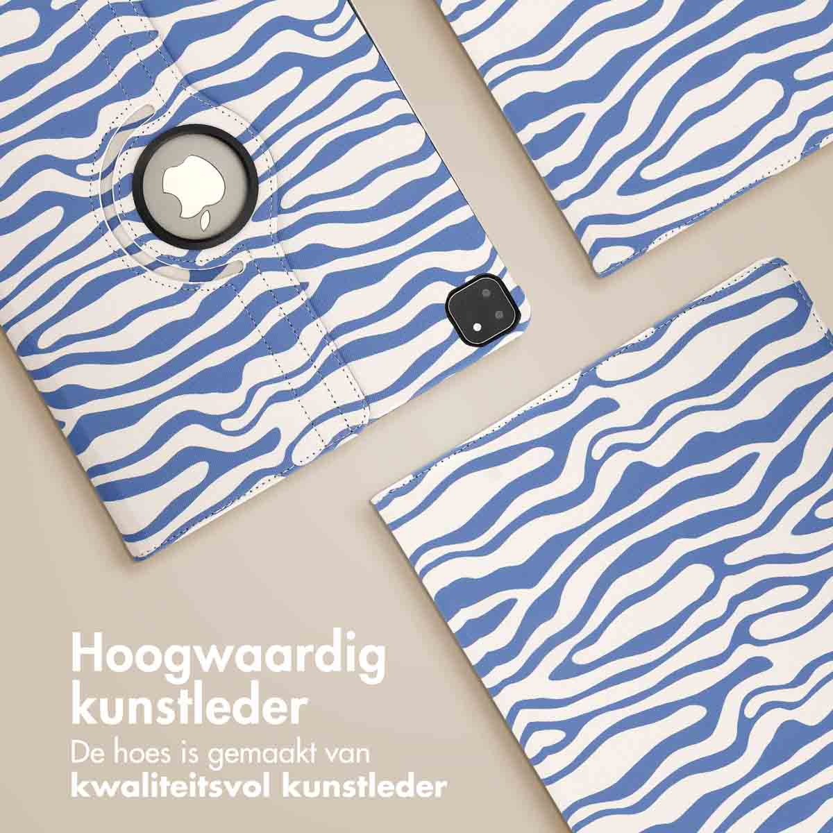 Tablet case with a blue and white zebra stripe design. The case is open, with an Apple logo.