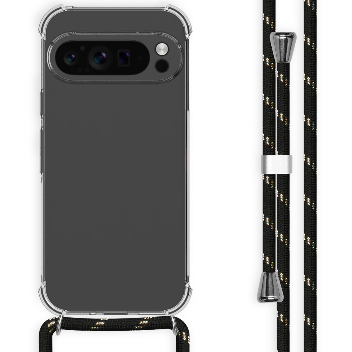 Un étui de téléphone transparent avec un cordon noir autour du téléphone et un cordon noir et doré.