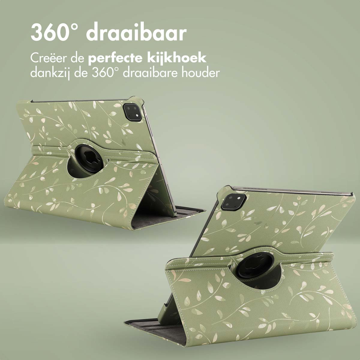 Tablets in cases, showing different viewing angles. Green floral pattern on the case.