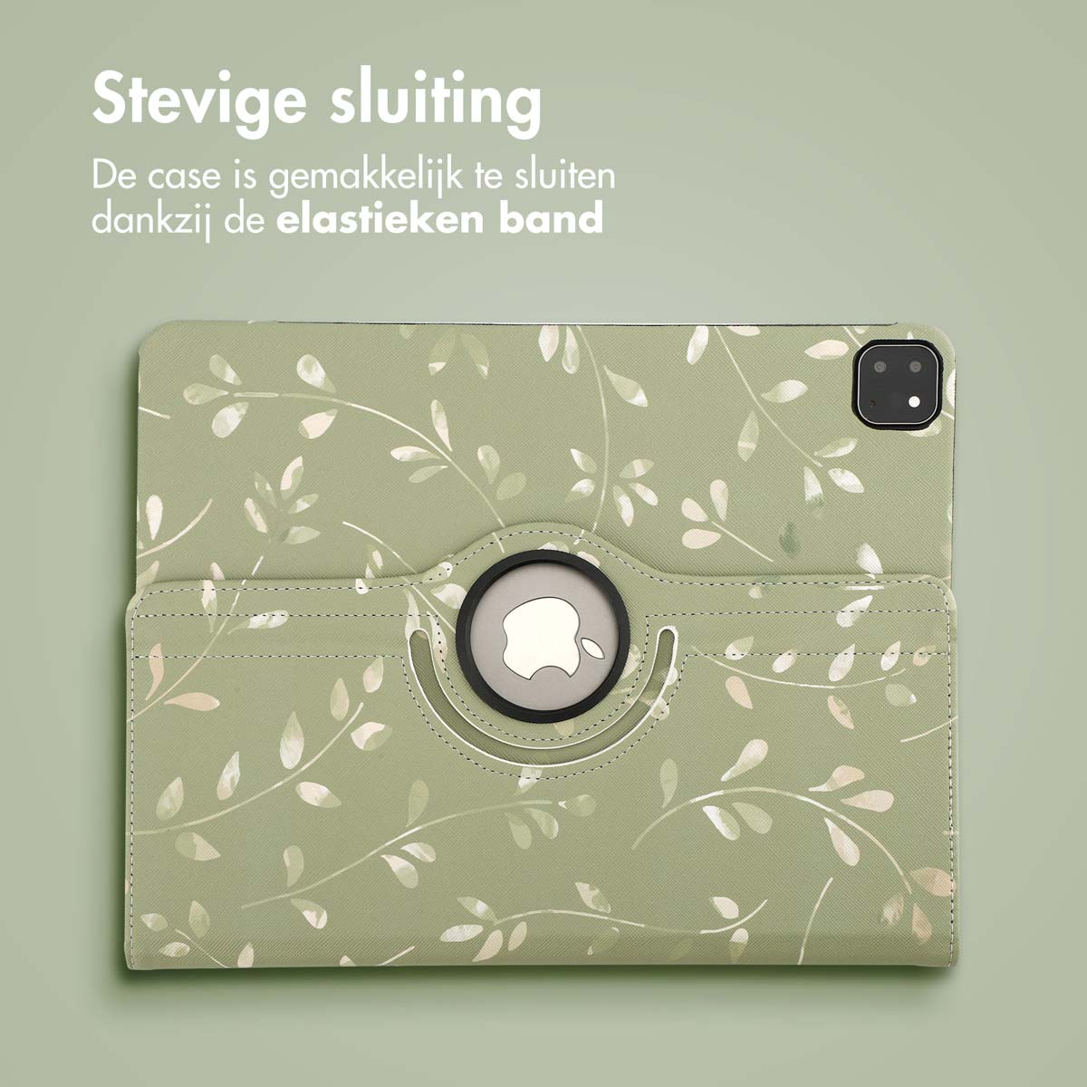 Green tablet case with leaf pattern. Tablet has a camera. Apple logo on the case. Green background.