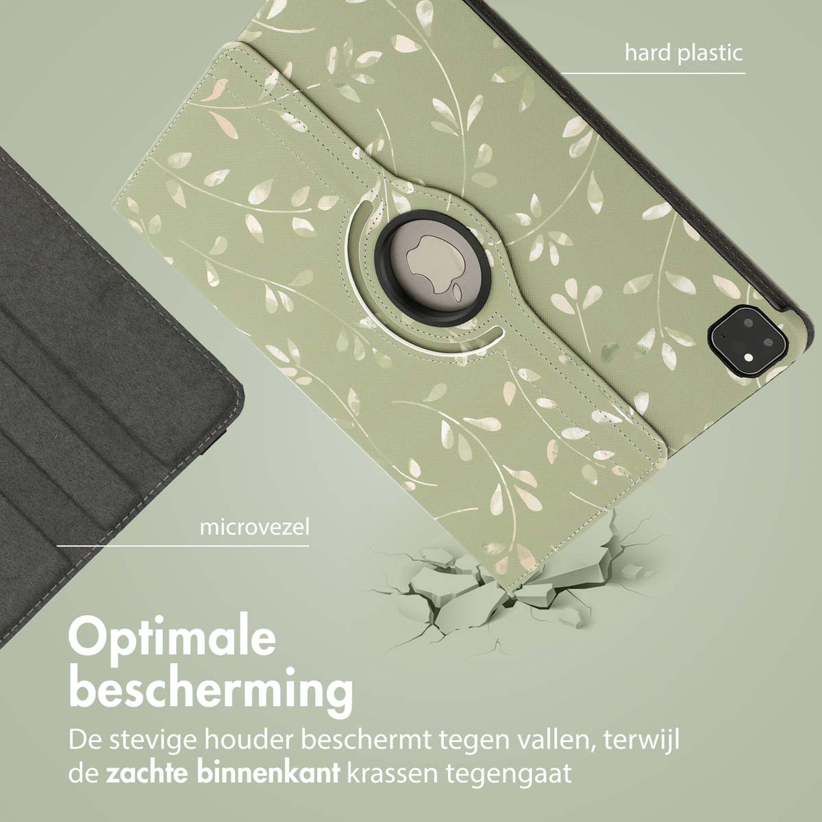 Tablet case with green floral pattern. Text: Optimal protection. Hard plastic and soft interior.