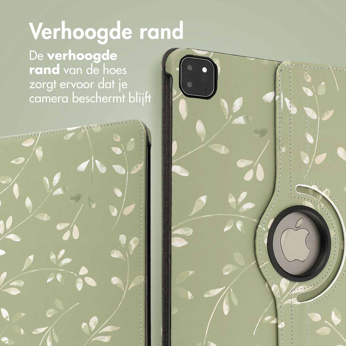 Two parts of a tablet case, green with leaf patterns, showing the camera protection.