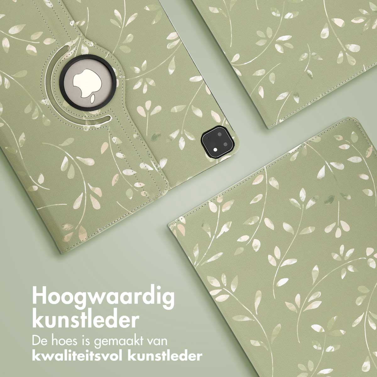 Tablet cases, green floral pattern. Text: high quality imitation leather. Green background.