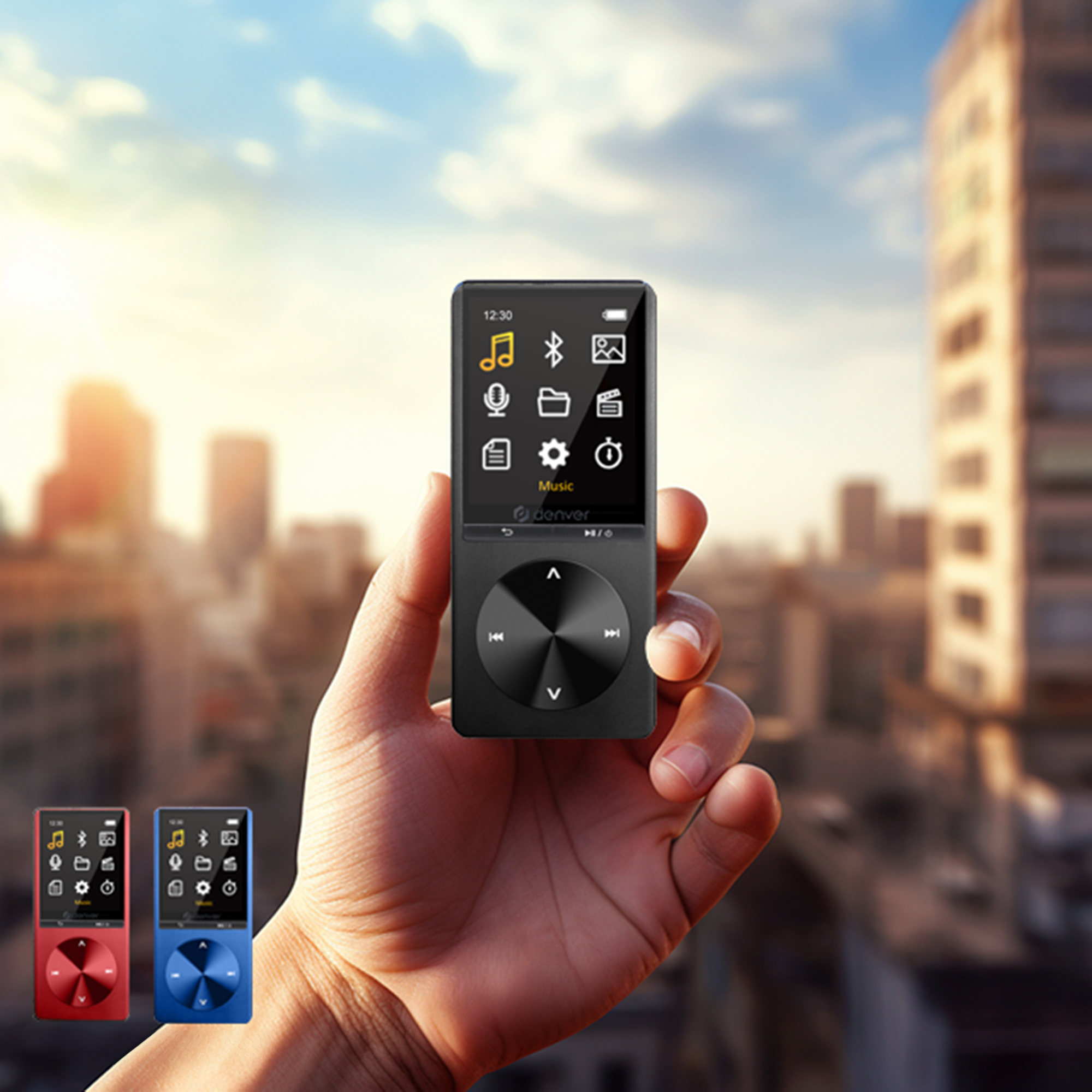 Hand holding a black MP3 player with a screen showing icons, with other players in the background.