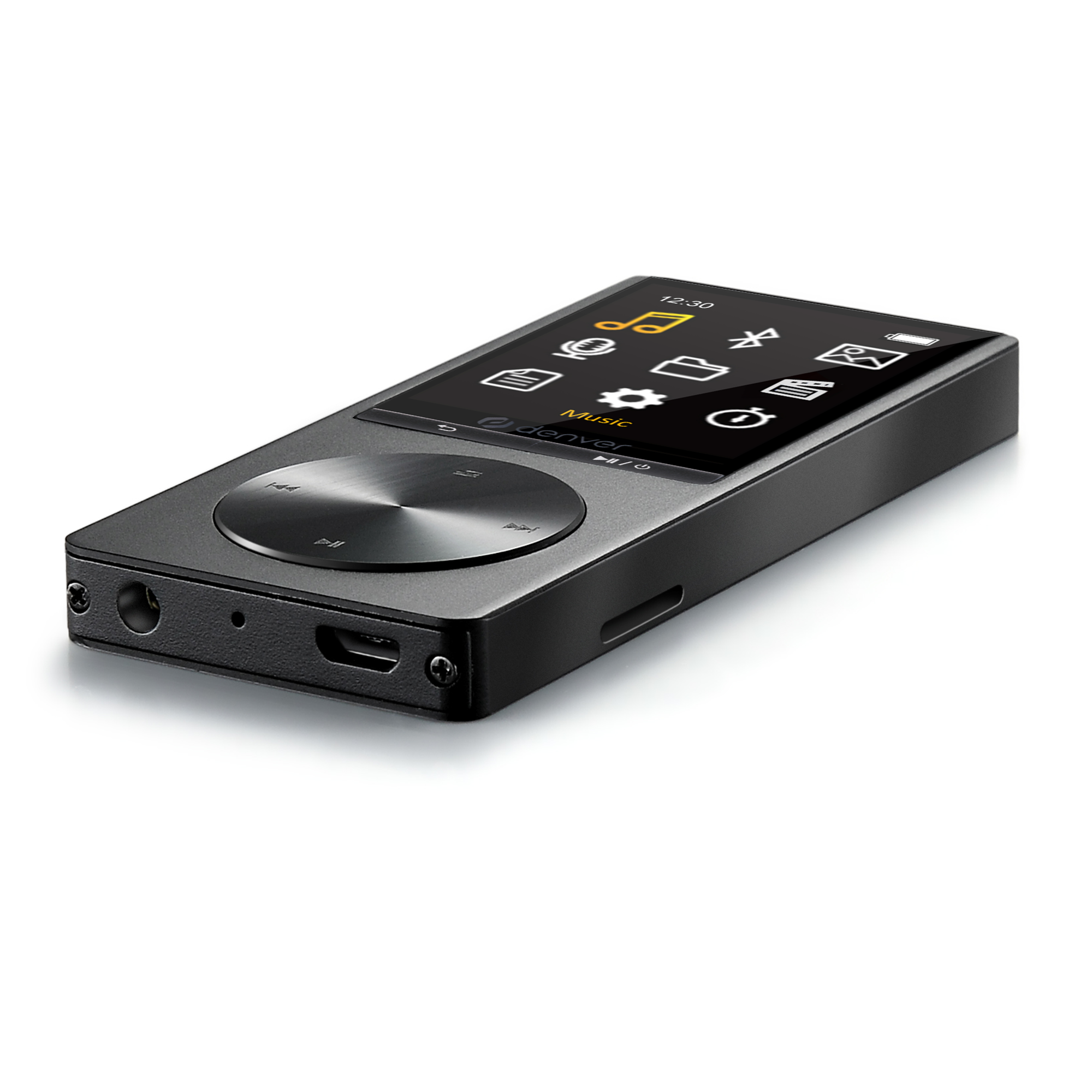 Black MP3 player with a screen displaying options and a circular control button. Modern design.