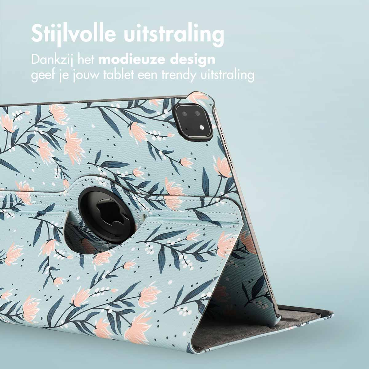 Tablet case with floral pattern. Light blue background, flowers in pink and dark green. Case is open, showing the tablet.