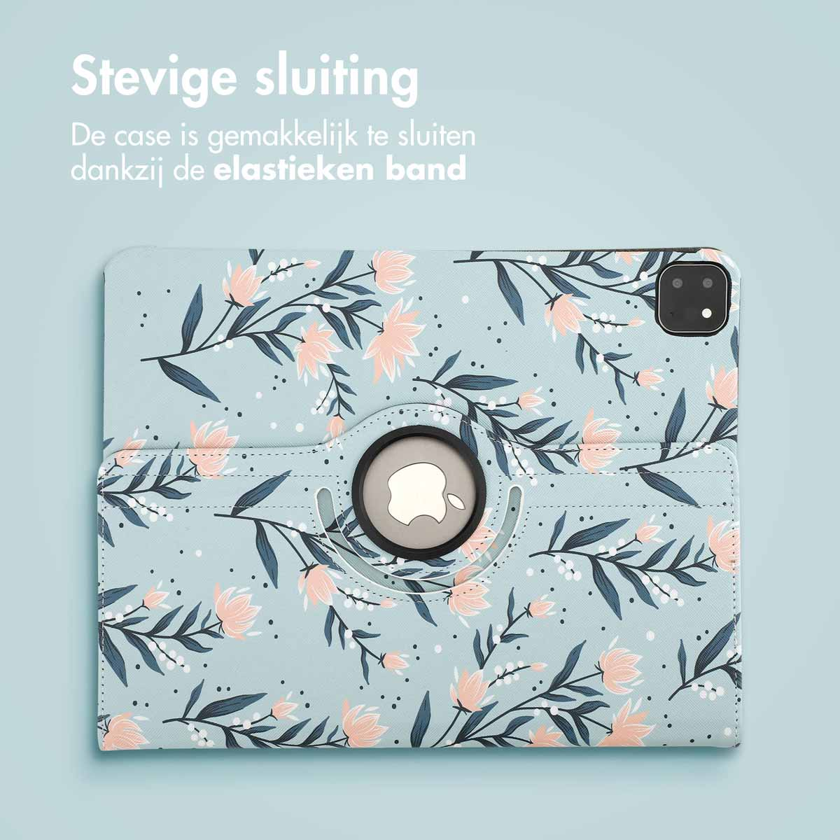 Floral patterned tablet case in pastel blue. Features pink flowers, dark leaves, and Apple logo. Text at top: 'Secure closure'.
