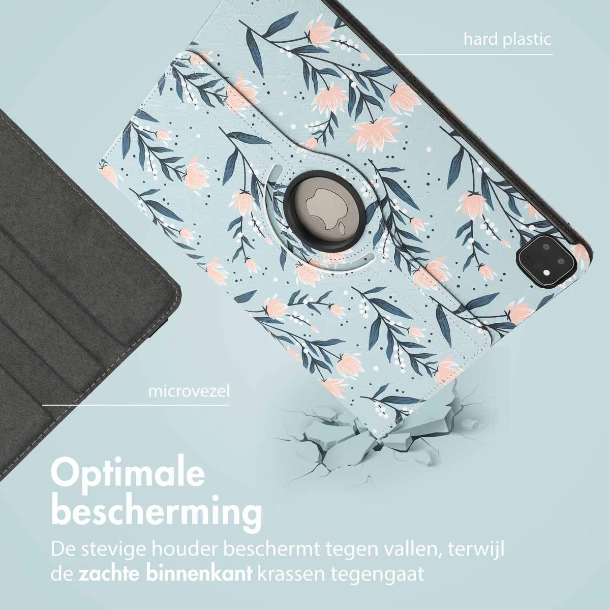 A floral tablet case showing the back and the corner. The case is open revealing the Apple logo and the camera.