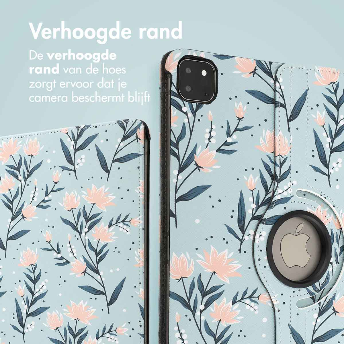 Tablet case, floral design, pink flowers on blue background. Text: Raised edge. Close up.