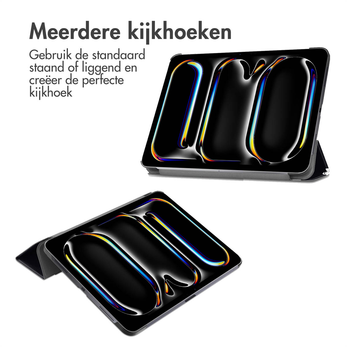 Two tablet cases, angled. One with a stand, one flat. Text: Multiple viewing angles.