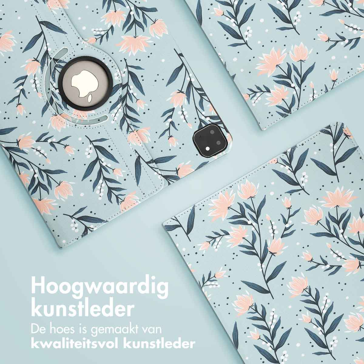 Light blue phone case with floral design. Apple logo visible. Text: High quality artificial leather.