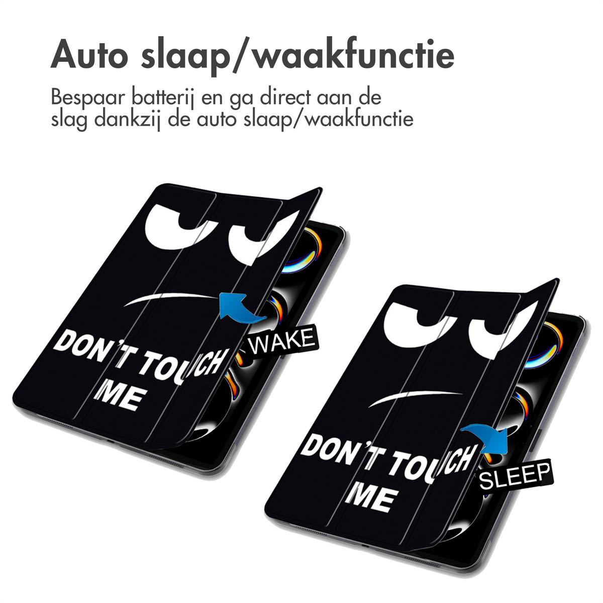 Two tablets in black cases with a funny face. Wake and sleep arrows displayed. Text in Dutch.