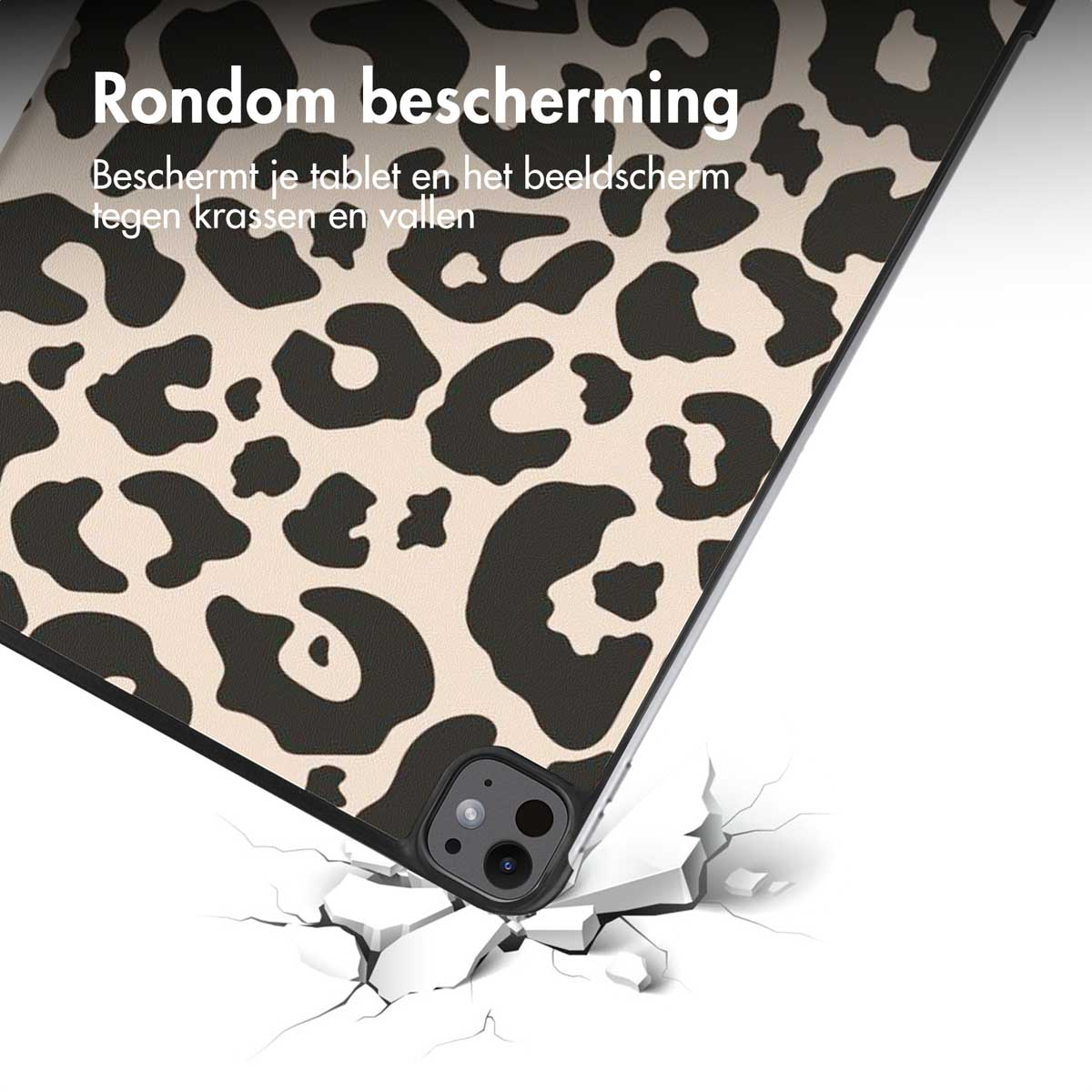 A tablet case with a leopard print, showing the corner and back. The tablet appears to be dropped.