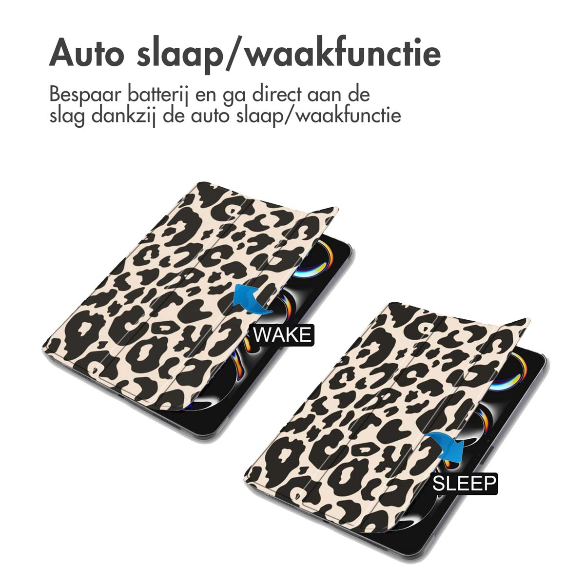 Tablet cases with leopard print. One says WAKE, the other SLEEP.