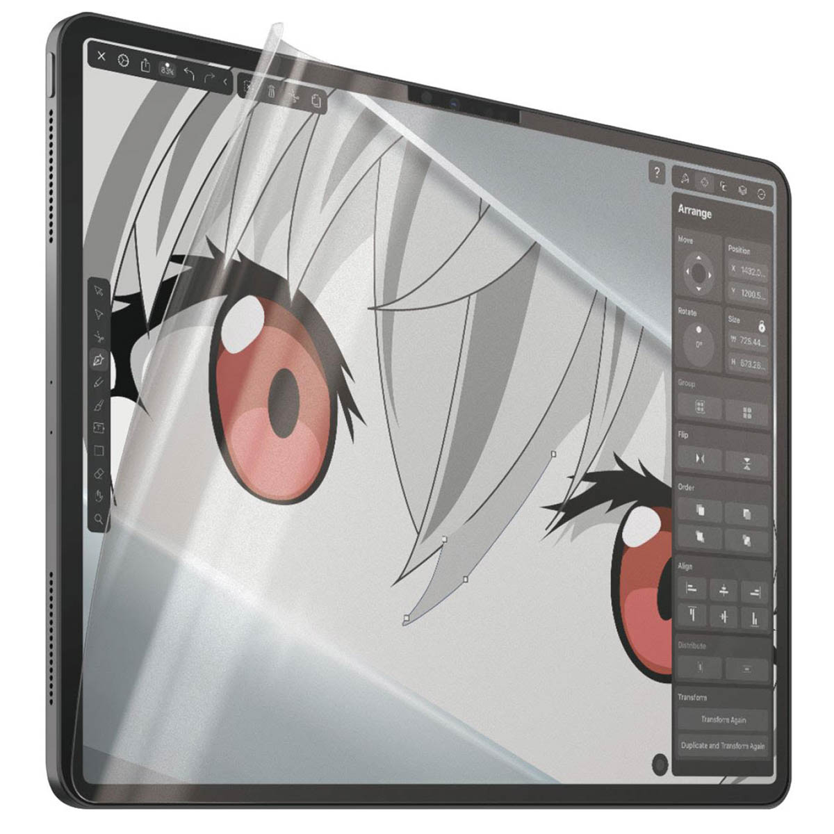 Uno schermo iPad con arte di occhi in stile anime. Una protezione per lo schermo viene staccata.