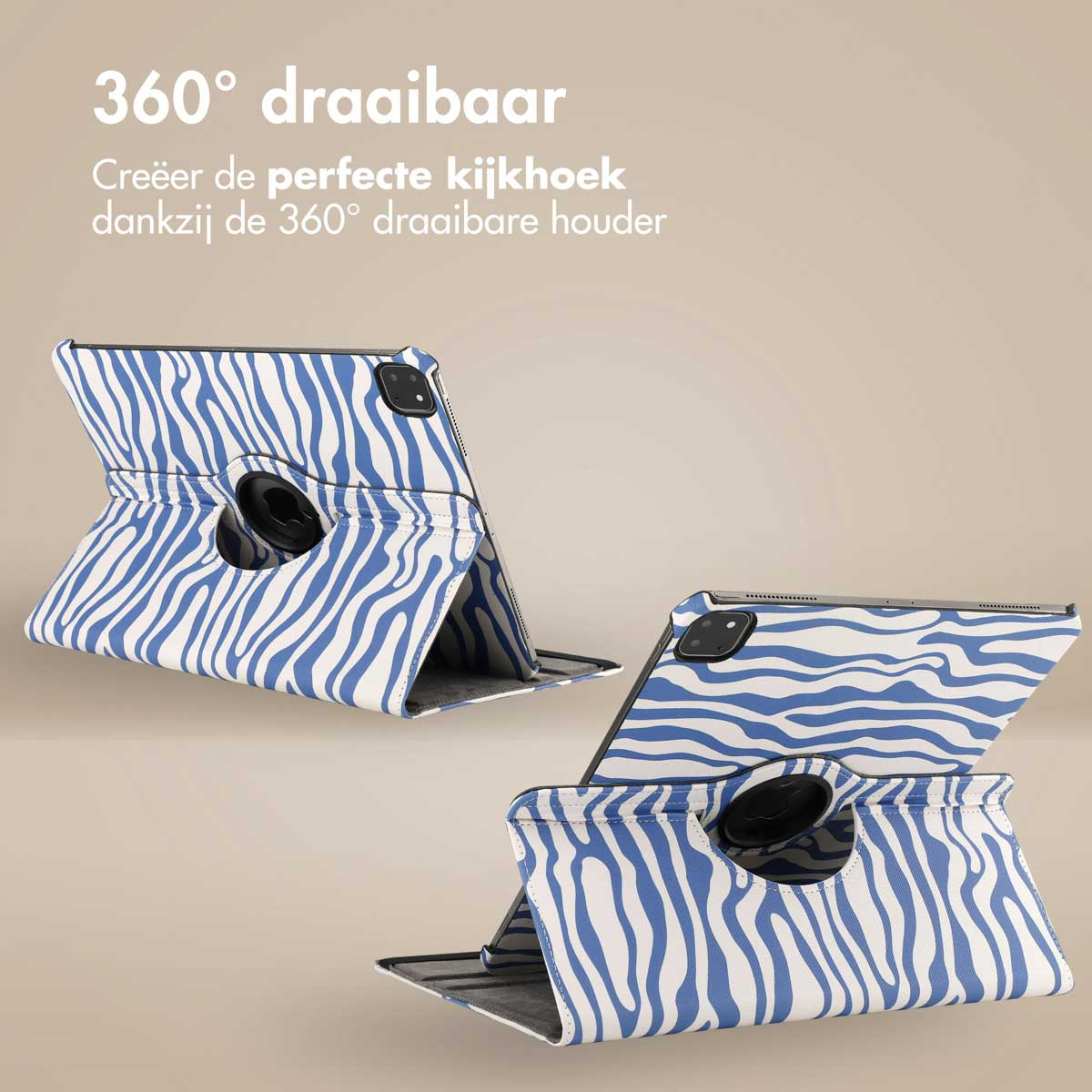 Tablets in cases, showing different viewing angles. Blue and white zebra print on the cases.