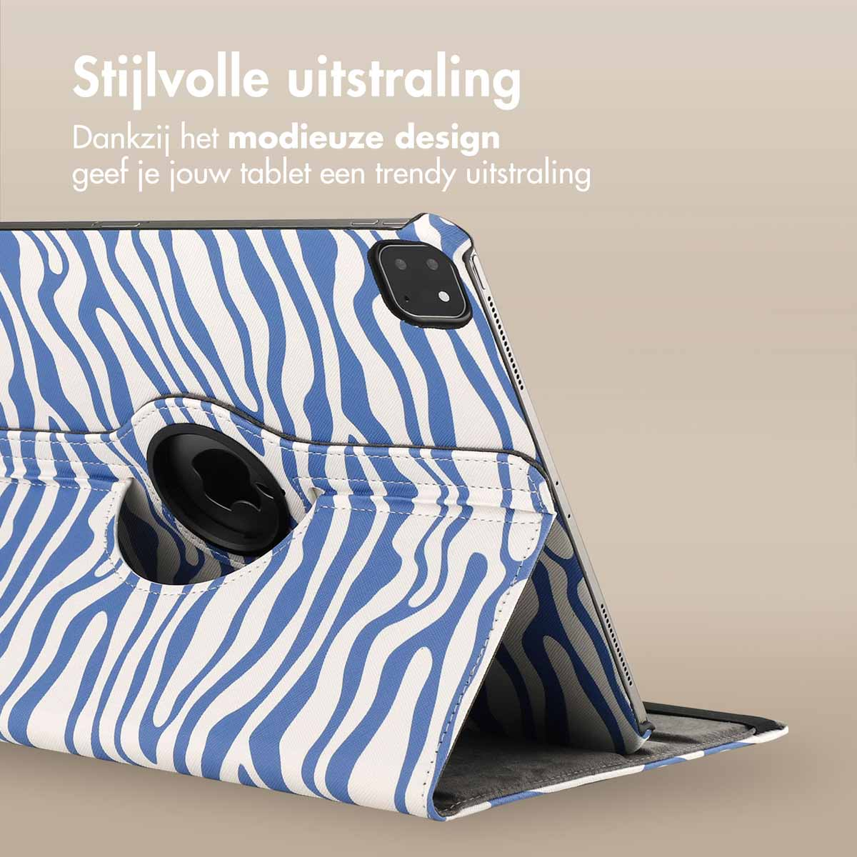 Tablet in a blue and white zebra-striped case, with a rotating stand.