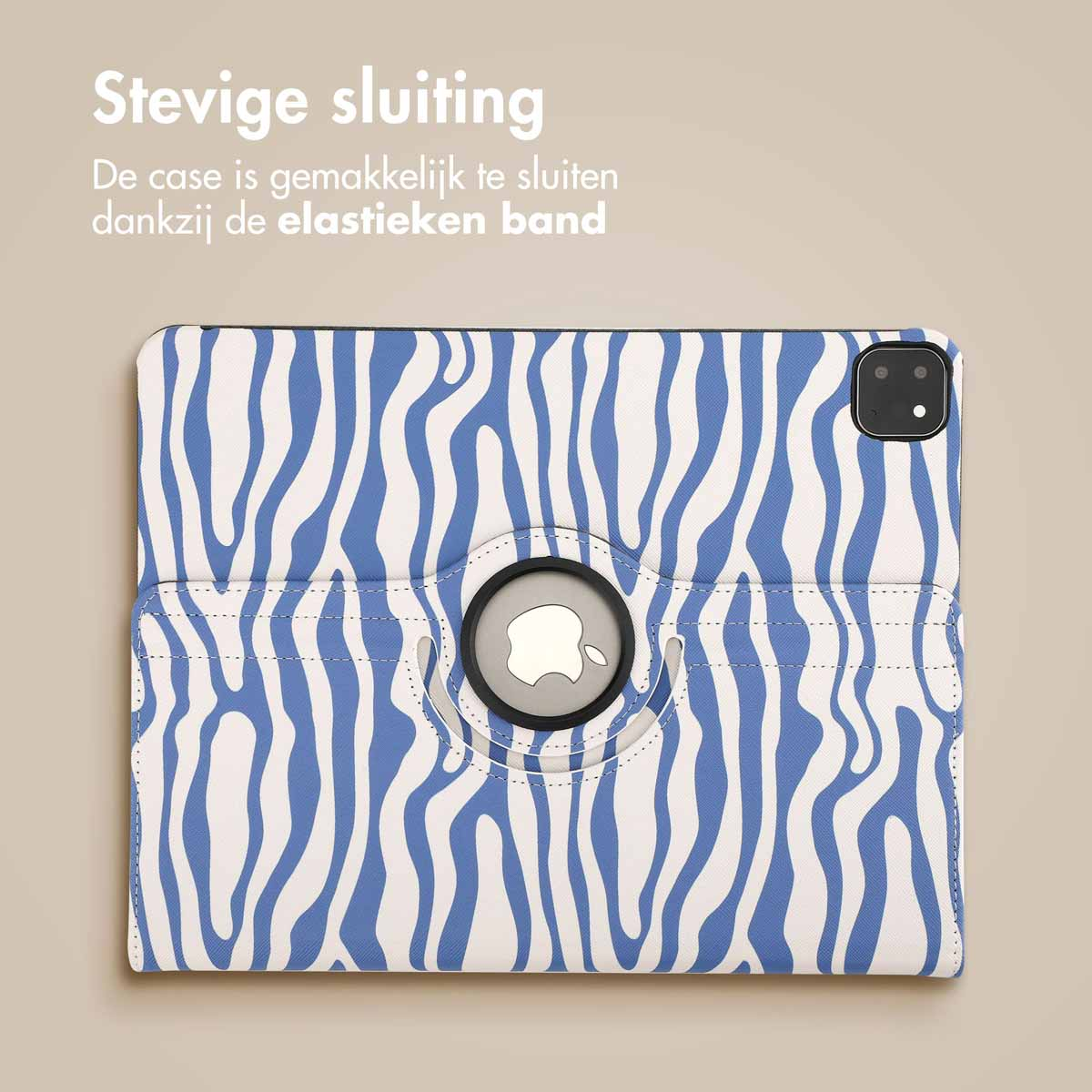 Tablet case with a blue and white zebra pattern on a beige surface, with a cracked effect.