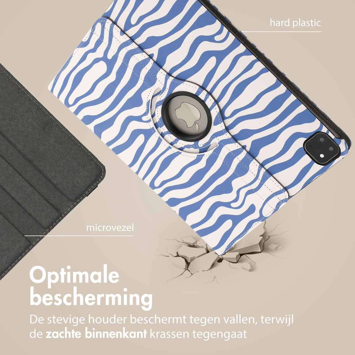 Close-up of a zebra-patterned iPad case, hard plastic frame and microfibre inner. Text reads: optimal protection.