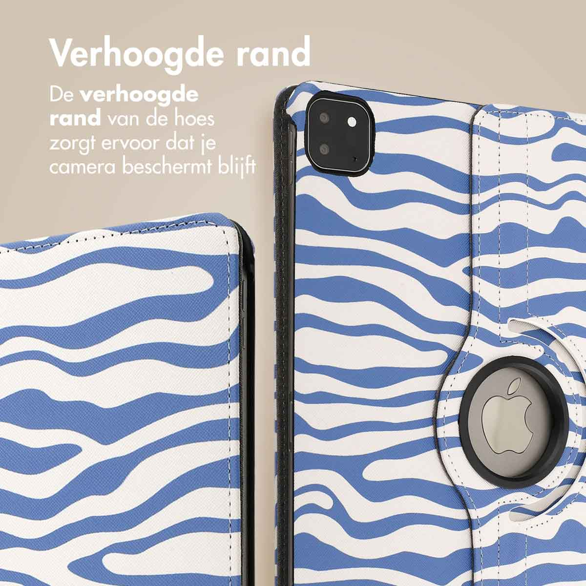 Close-up of a tablet case with blue zebra stripes. Text: Raised edge protects camera. Apple logo visible.
