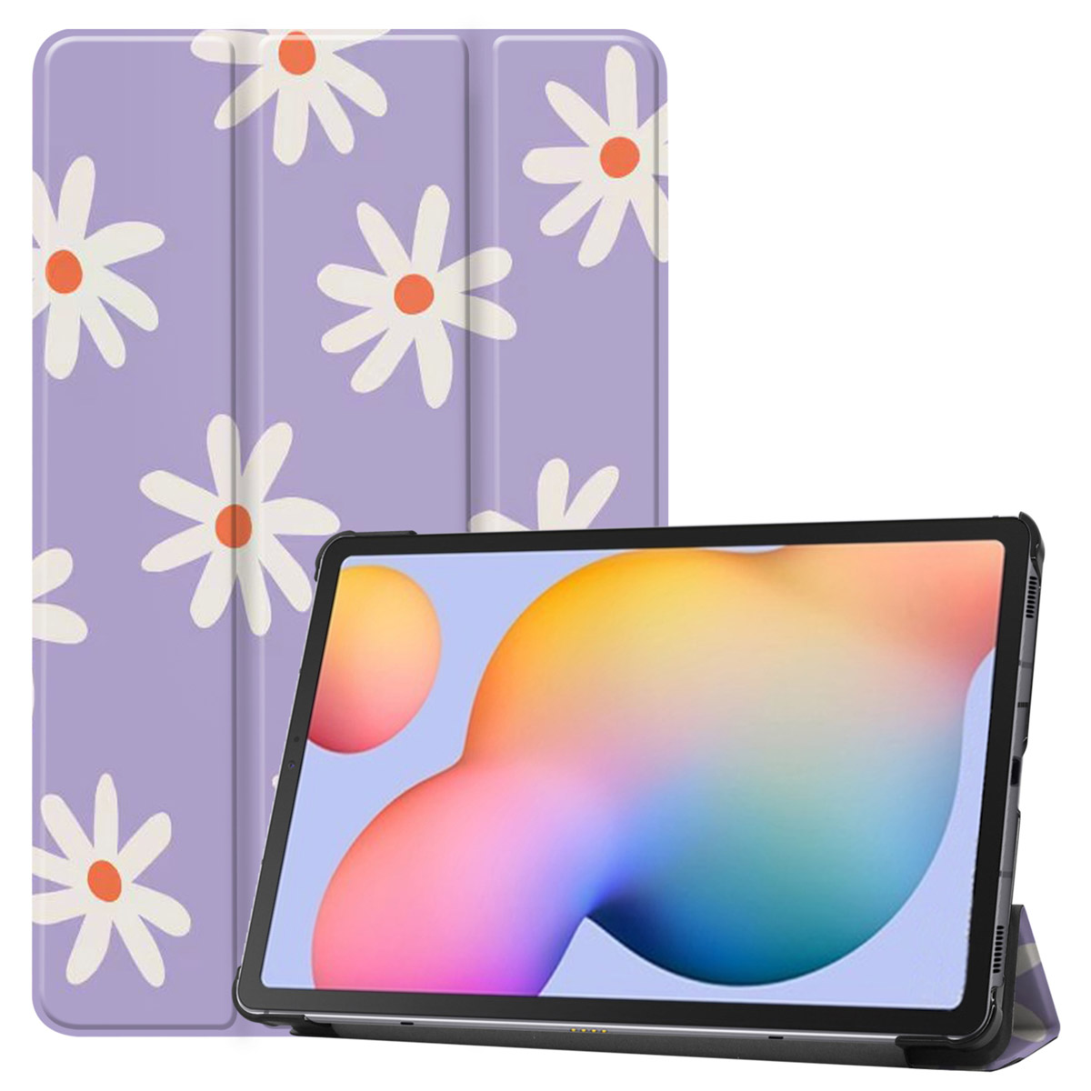 Paarse madeliefjes tablet case en tablet. Tablet met scherm met een ontwerp. Wit madeliefjes patroon op de case.