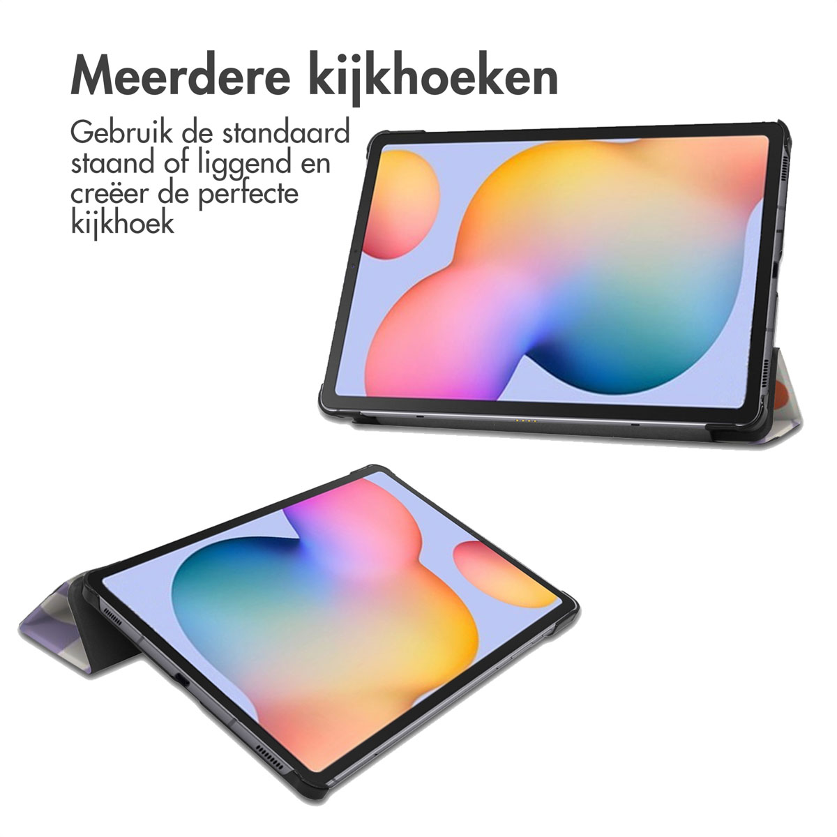 Twee tablets in hoezen, schuin. Eén met standaard, één plat. Tekst: Meerdere kijkhoeken.