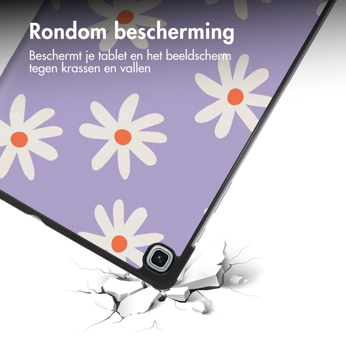 Een paarse tablethoes met wit madeliefpatroon. De hoes ligt op een gebroken ondergrond.