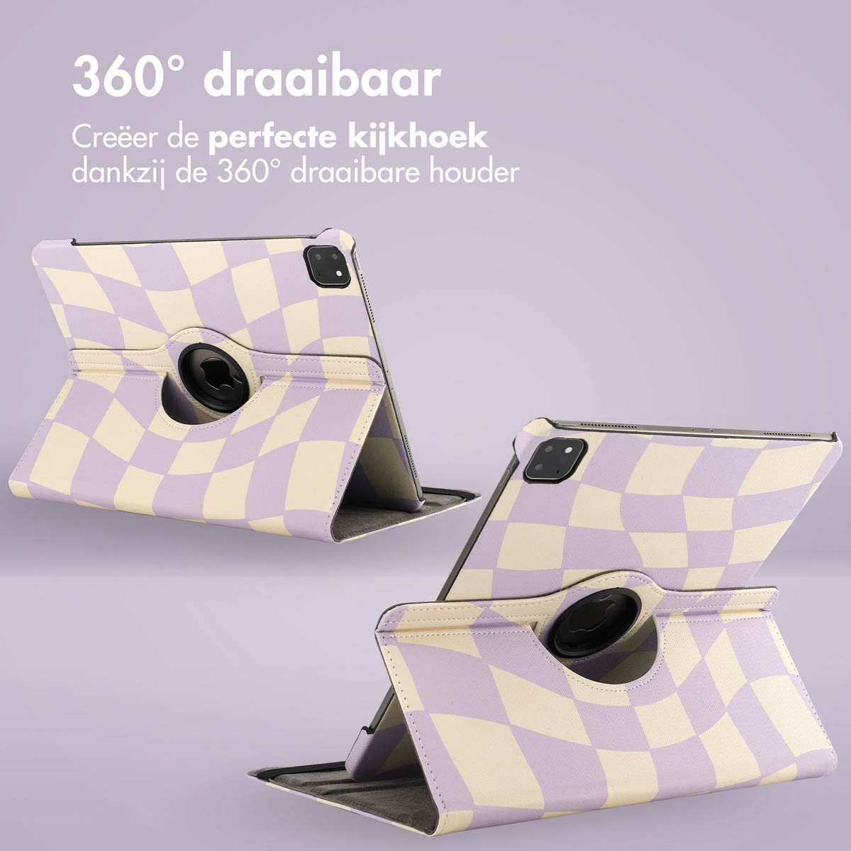 Two tablets in cases with a purple and cream checkerboard pattern are displayed. The cases are open, showing the screen and holder.