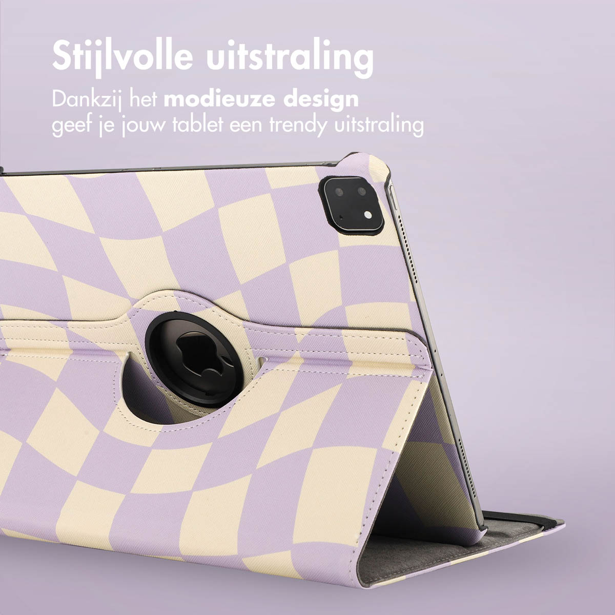 Tablet case with checkered pattern in purple and beige. It has a rotating holder and a camera cutout. The background is purple.