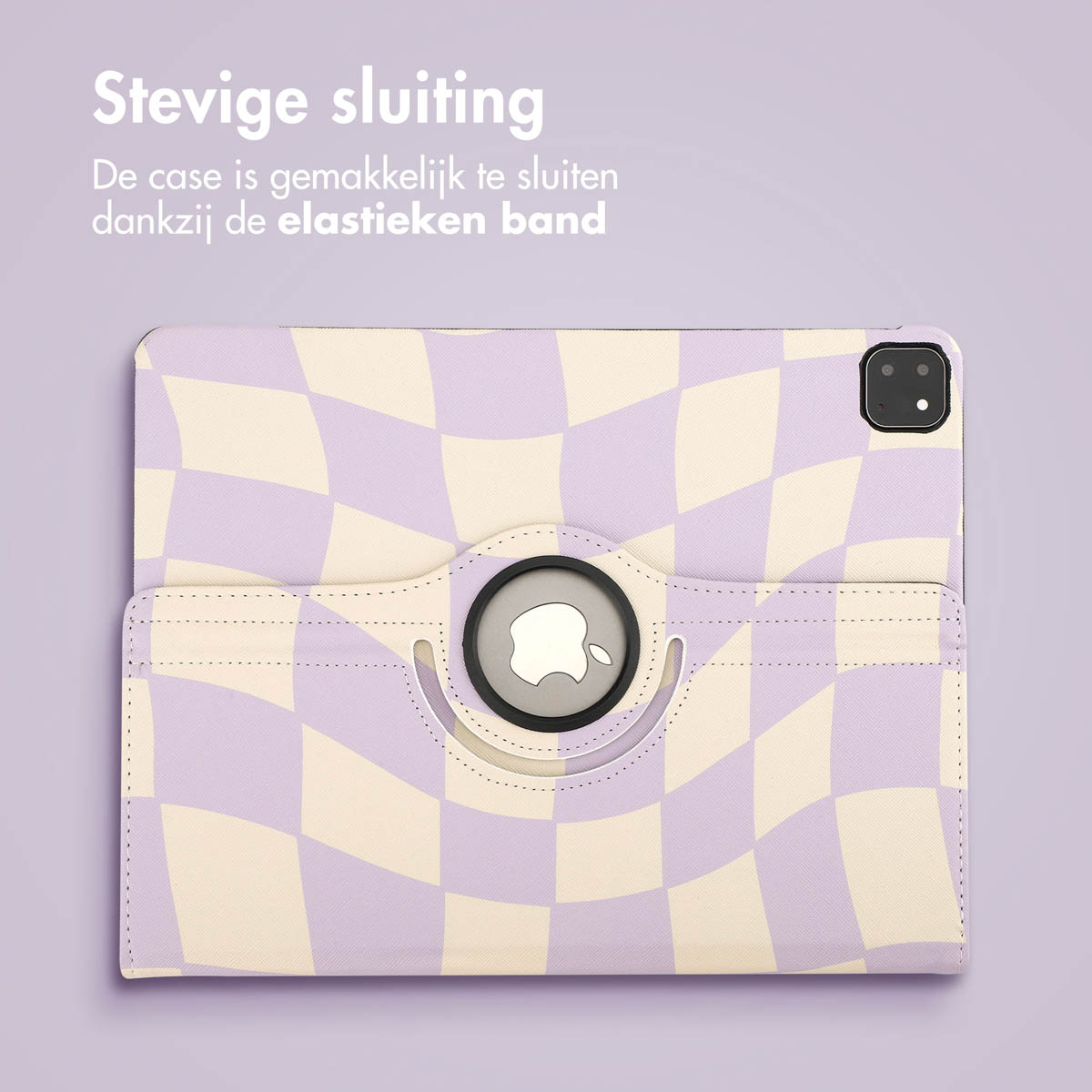 A tablet case with a checkerboard pattern in light purple and cream. It has an Apple logo and a closing mechanism.