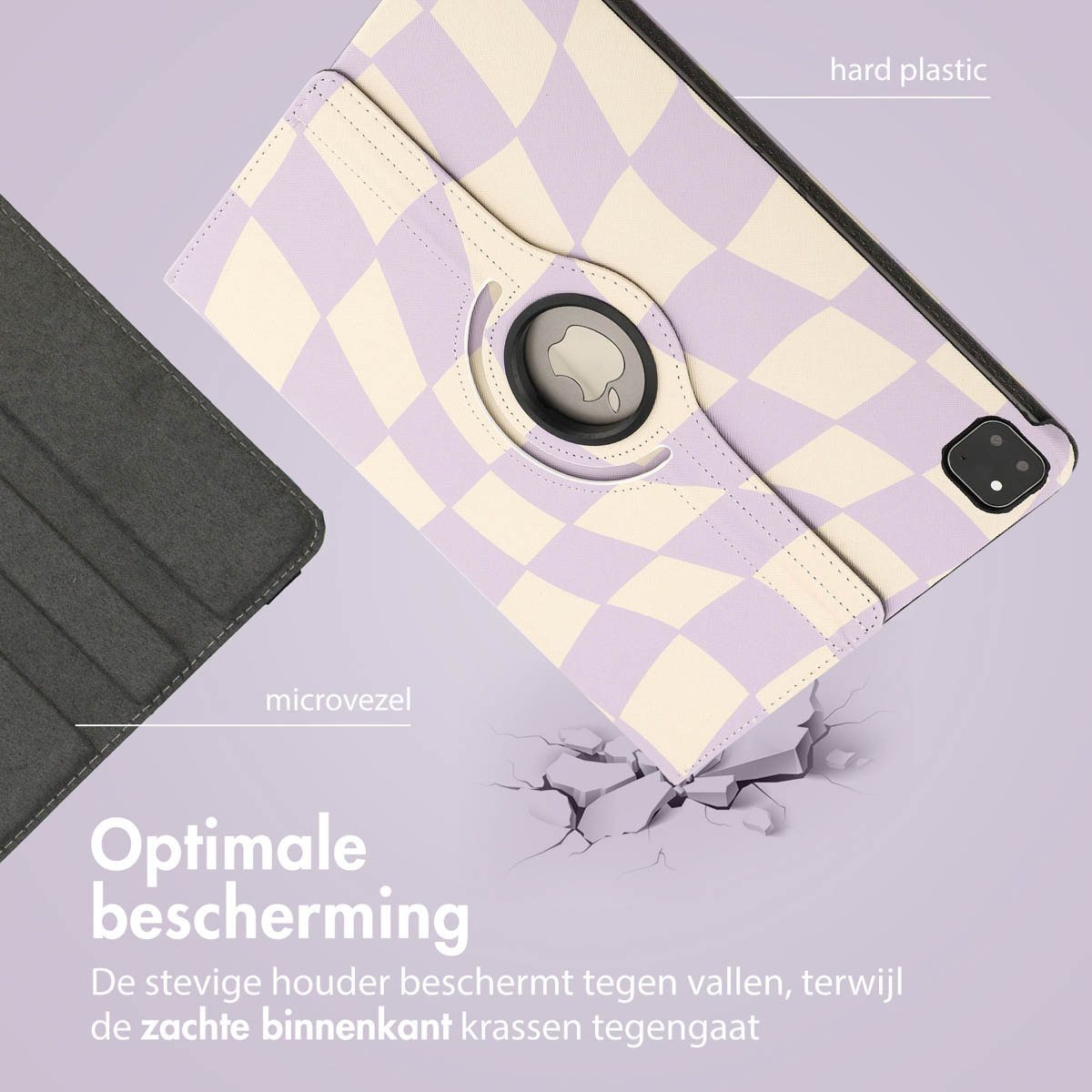 Tablet case with a purple and white checkered pattern. Showing the inside and the back.