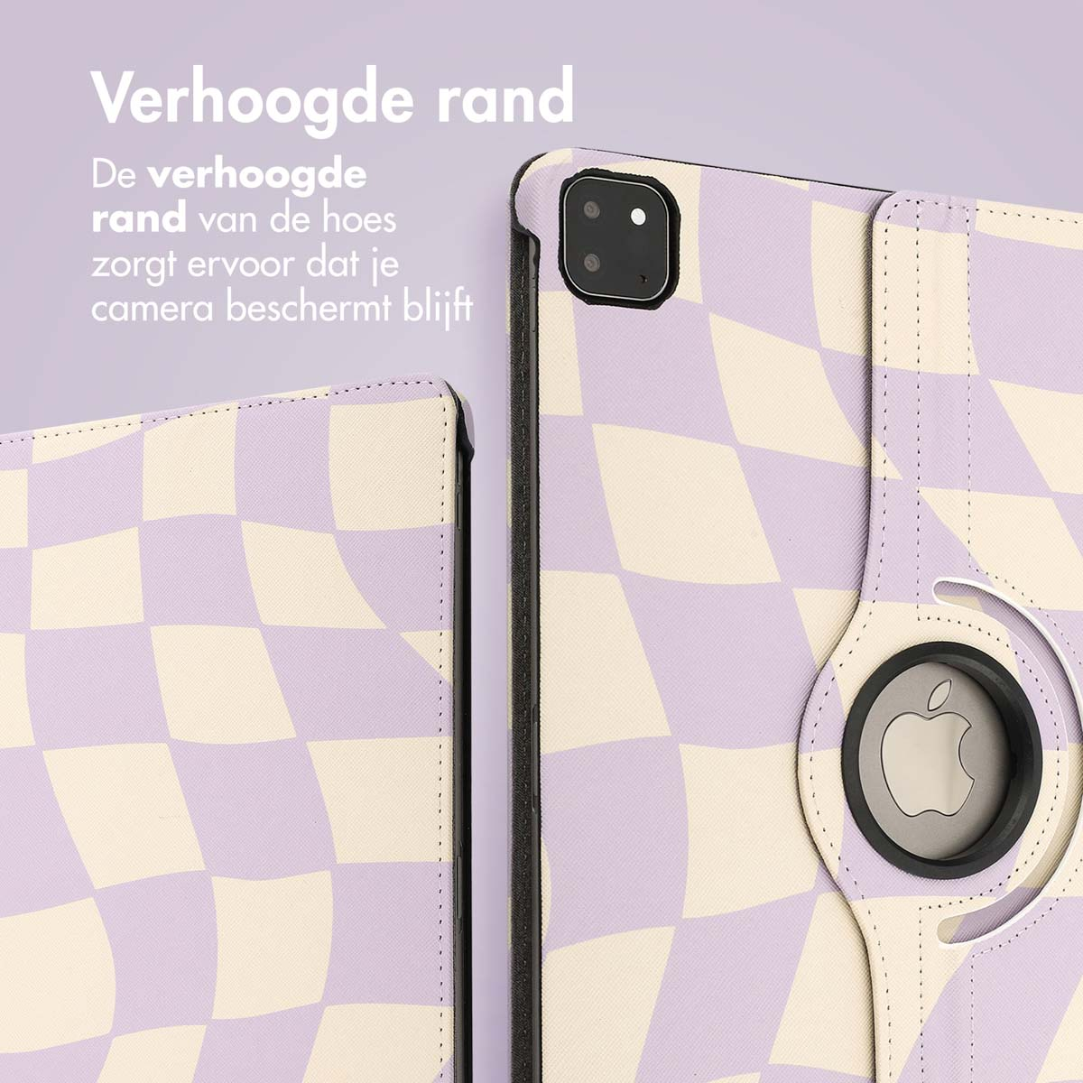 Tablet case with a purple and cream checkered pattern, and a black camera cutout. The case is open.