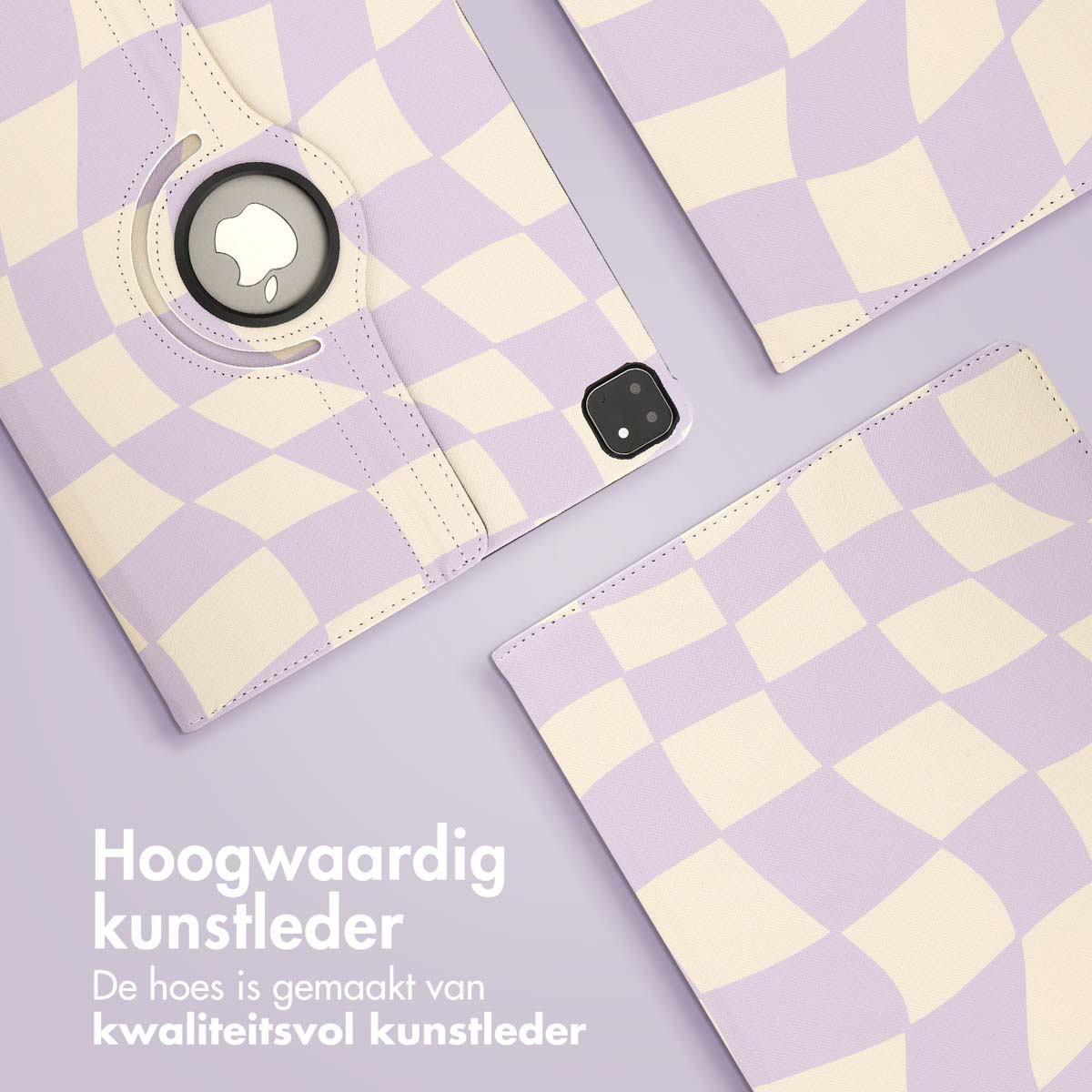 Tablet case with a checkered pattern and tablet inside, on a purple background.