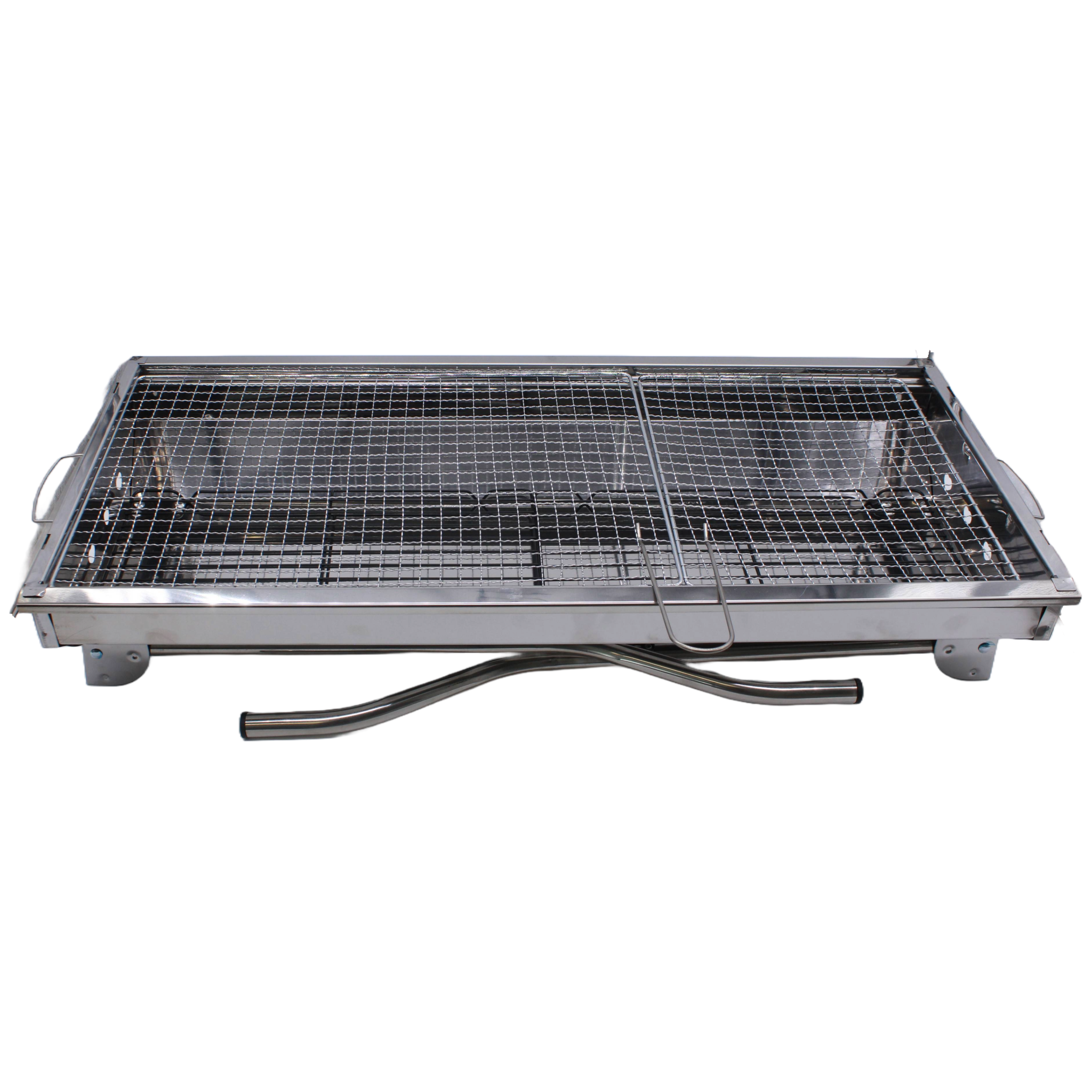 Silberner rechteckiger Grill mit Griffen, Drahtgitter und schlichtem Design.