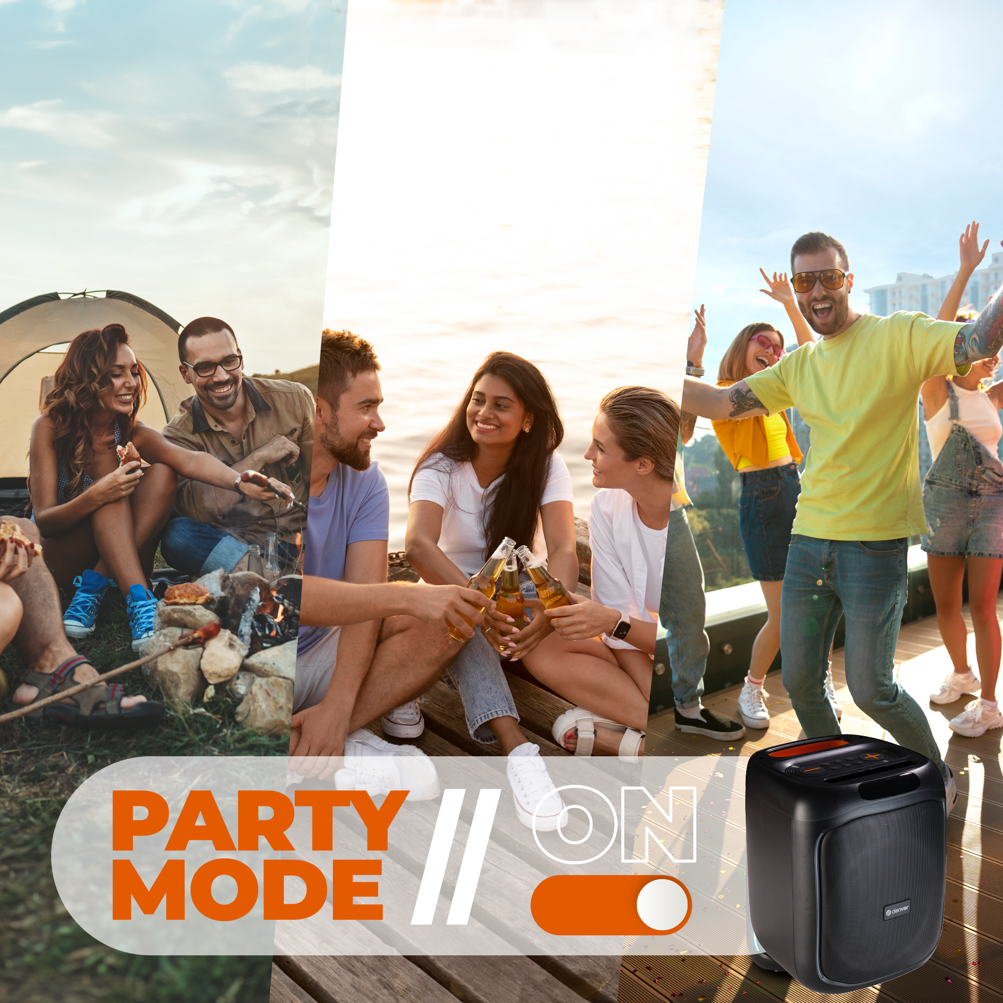 Mensen op een buitenfeest, bier drinkend. Luidspreker met 'Party Mode' aan. Blauwe lucht.