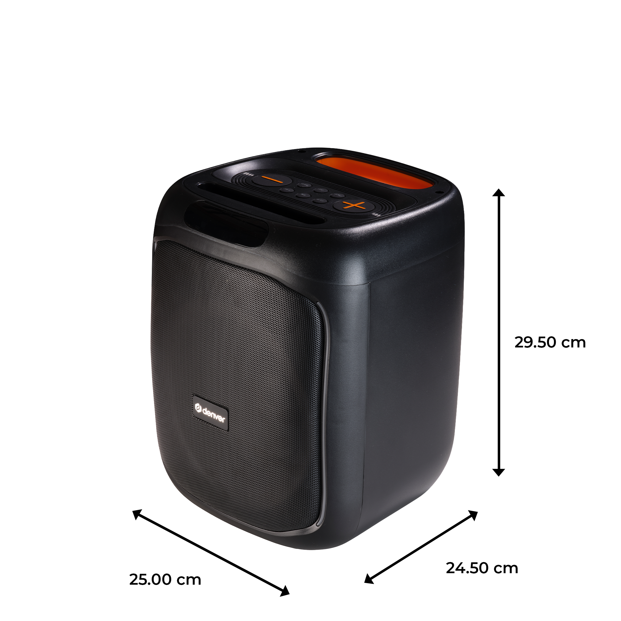 Een zwarte luidspreker met afmetingen aangegeven door pijlen. Hij is 25 cm breed, 24,5 cm diep en 29,5 cm hoog.