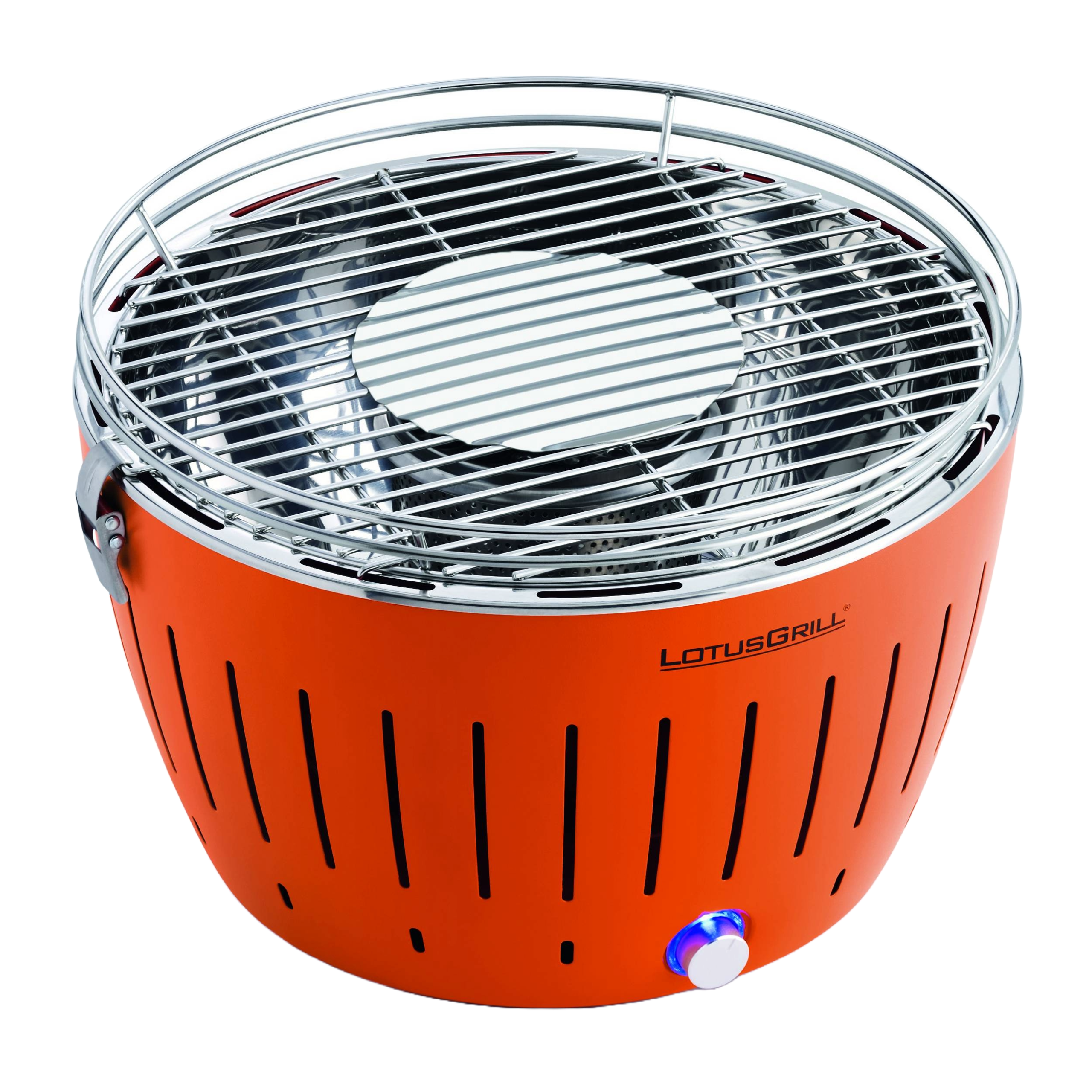 Oranger kreisförmiger Grill mit silberner Oberseite, blauem Knopf und Lüftung.