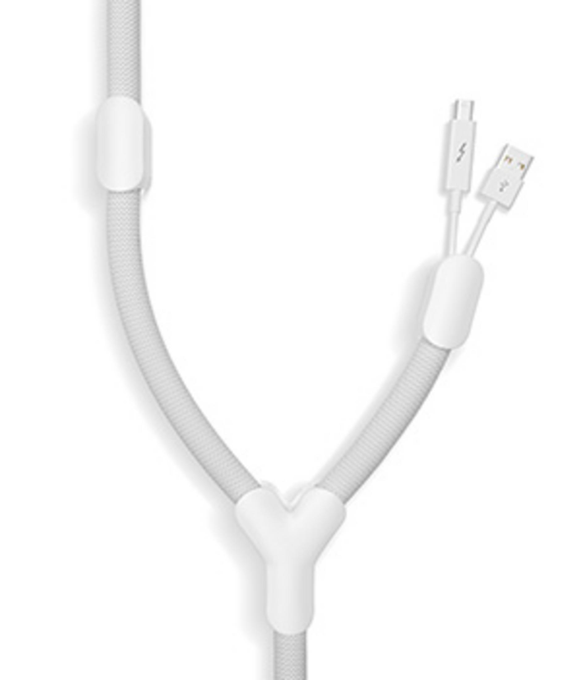 Weißes Ladekabel mit USB- und USB-C-Anschluss in Y-Form.