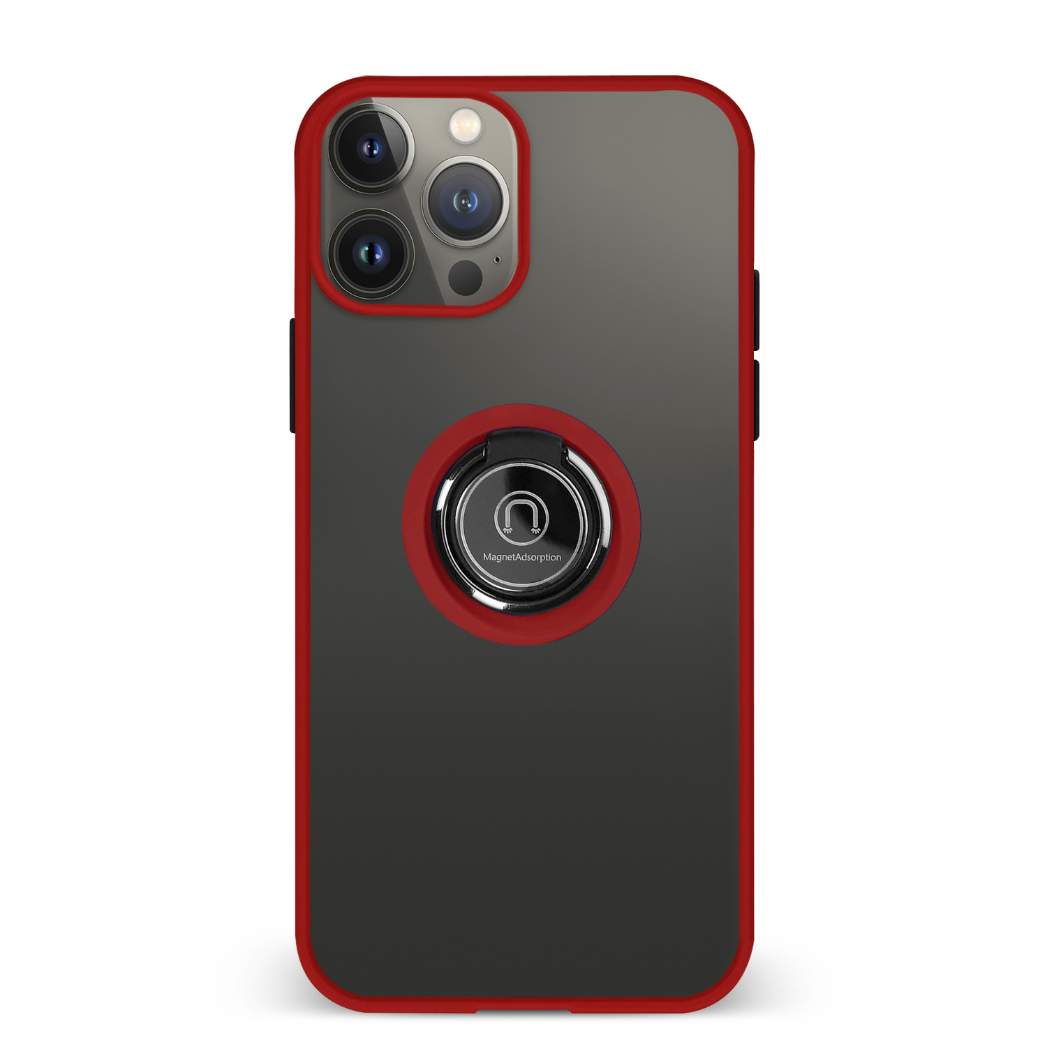 Custodia per telefono con retro nero e cornice rossa, con supporto ad anello argentato.