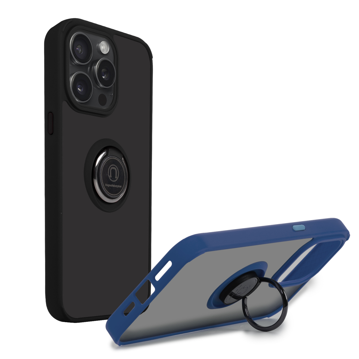 Custodia per telefono nera con supporto ad anello. Un'altra custodia è aperta, rivelando l'interno.