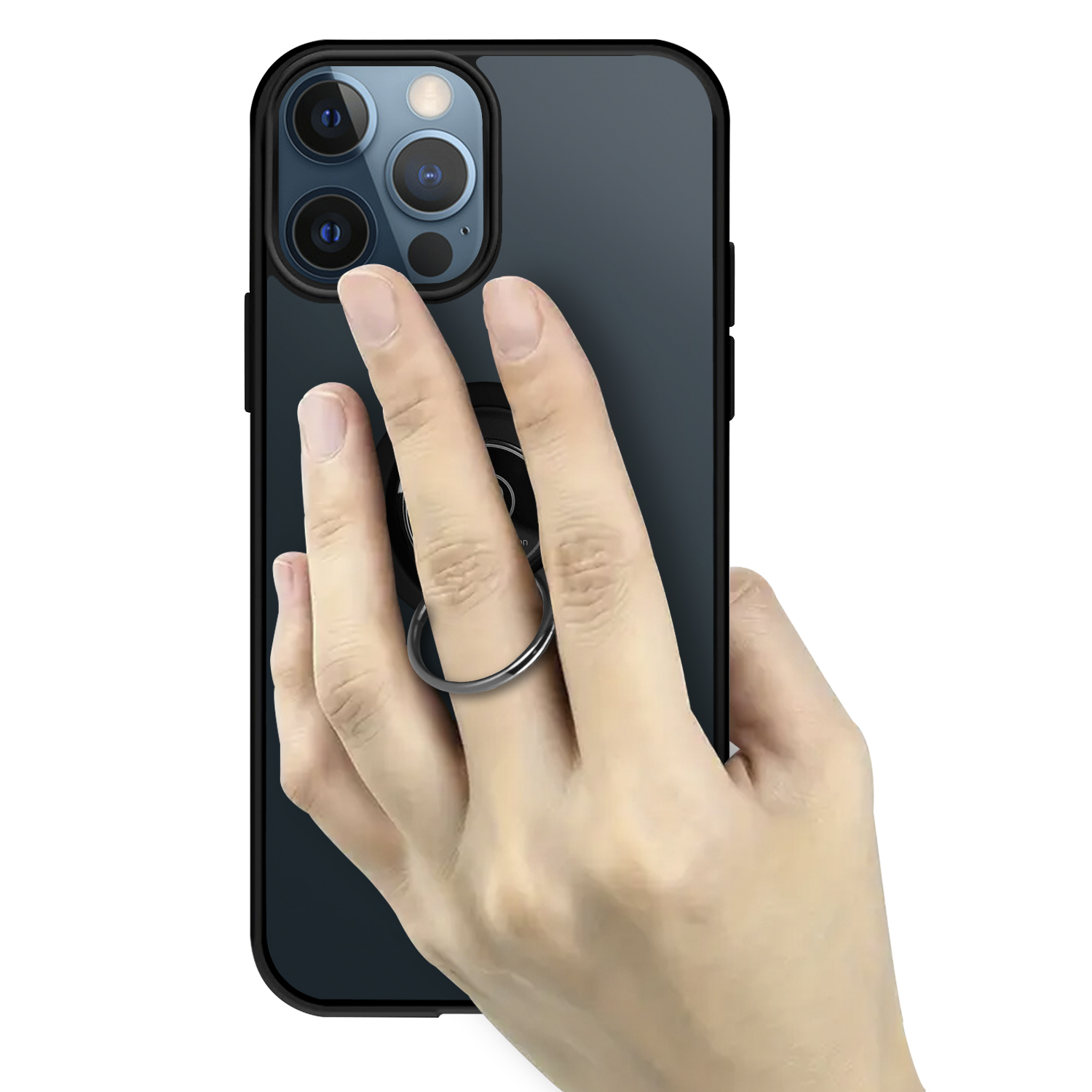 Una mano che tiene un telefono nero con un portanello. Il telefono è blu scuro.