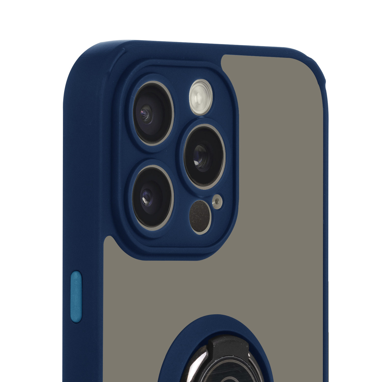 Un primo piano di una custodia per telefono con una cornice blu e un modulo fotocamera con tre lenti.