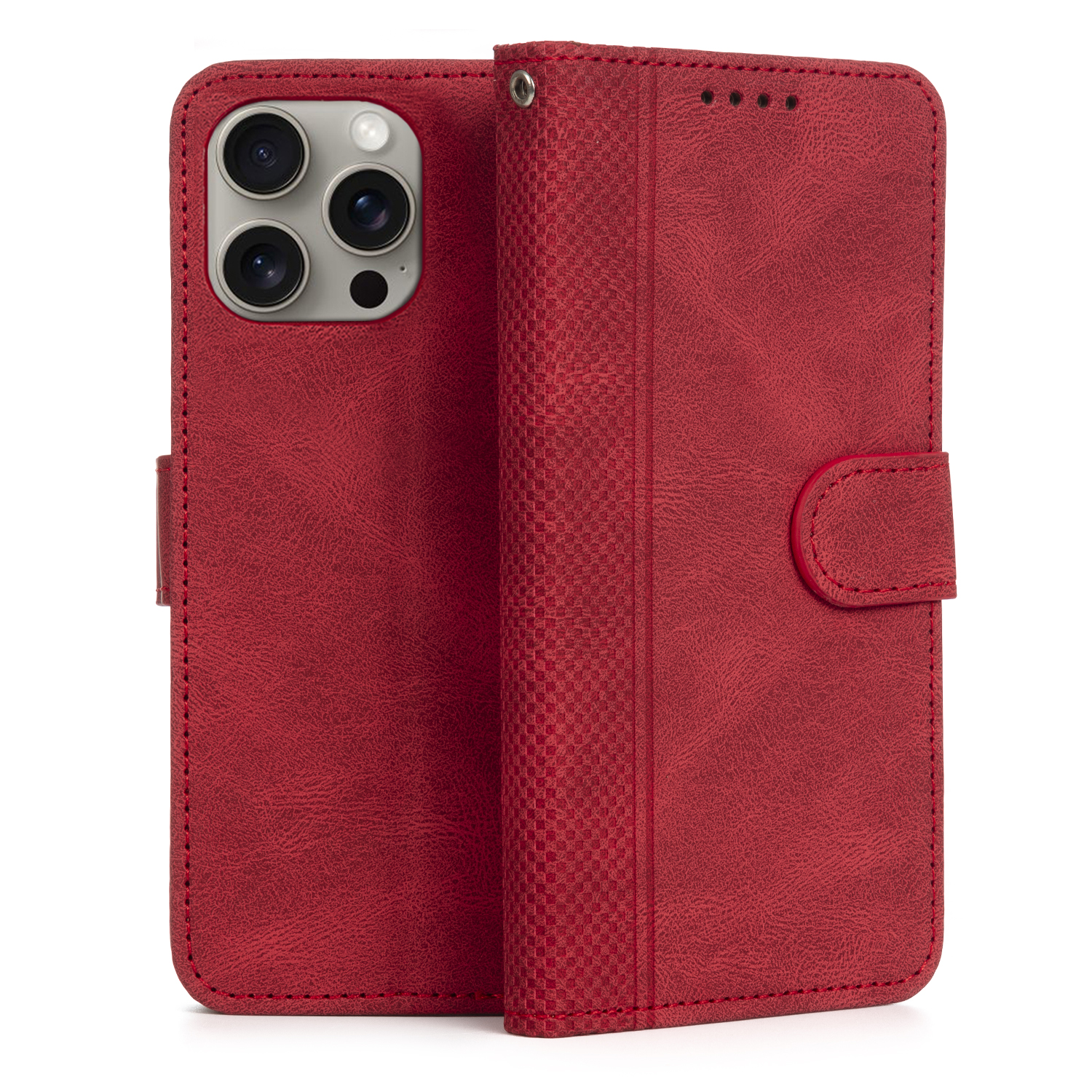 Custodia per telefono in pelle rossa in posizione aperta, con un telefono all'interno.