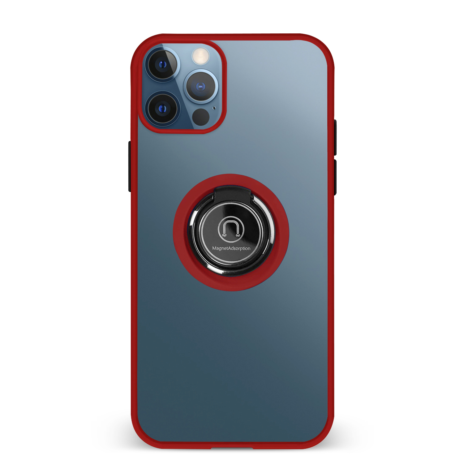 Uno smartphone in una custodia con cornice rossa con un supporto ad anello.