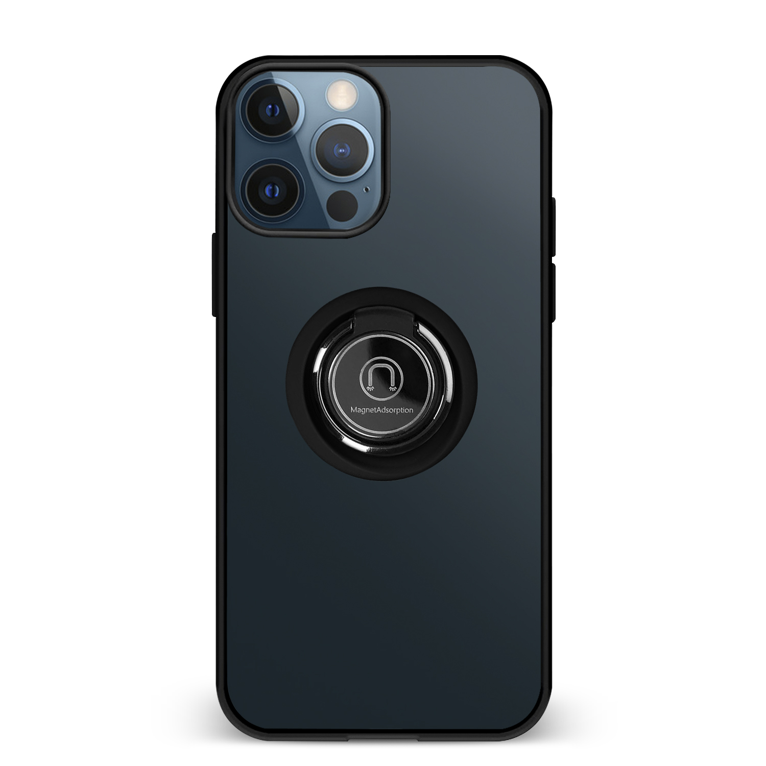 Custodia per telefono blu scuro con anello nero. Su una superficie bianca.